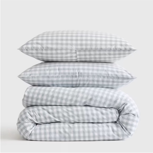NWT QUINCE Organic Percale Duvet Cover Set Full/Queen Blue Fog Gingham 0792 - Picture 1 of 8